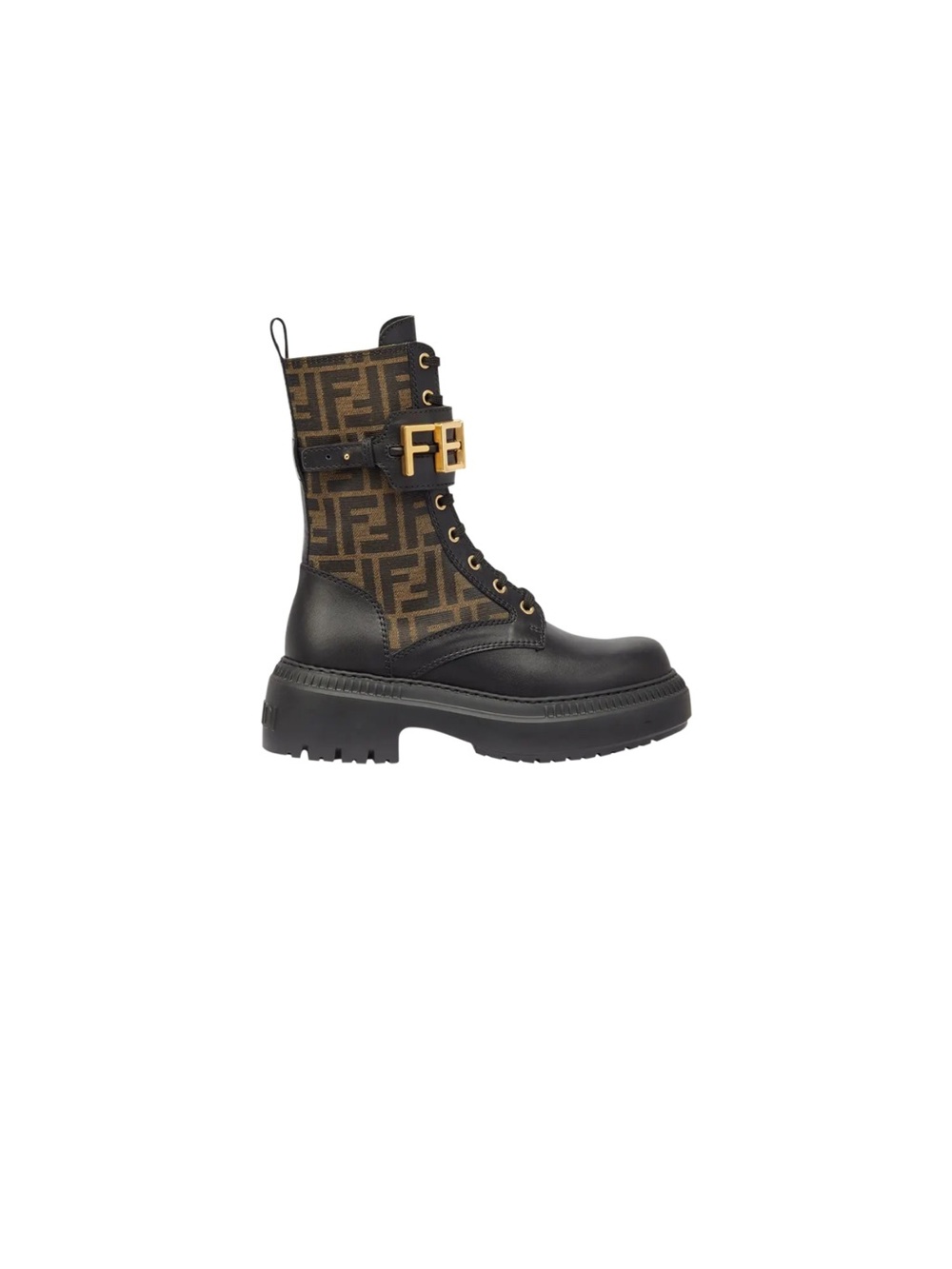 Fendi Black Leather & Brown Monogram Lug-Soled Combat Boot with Gold FF Strap
